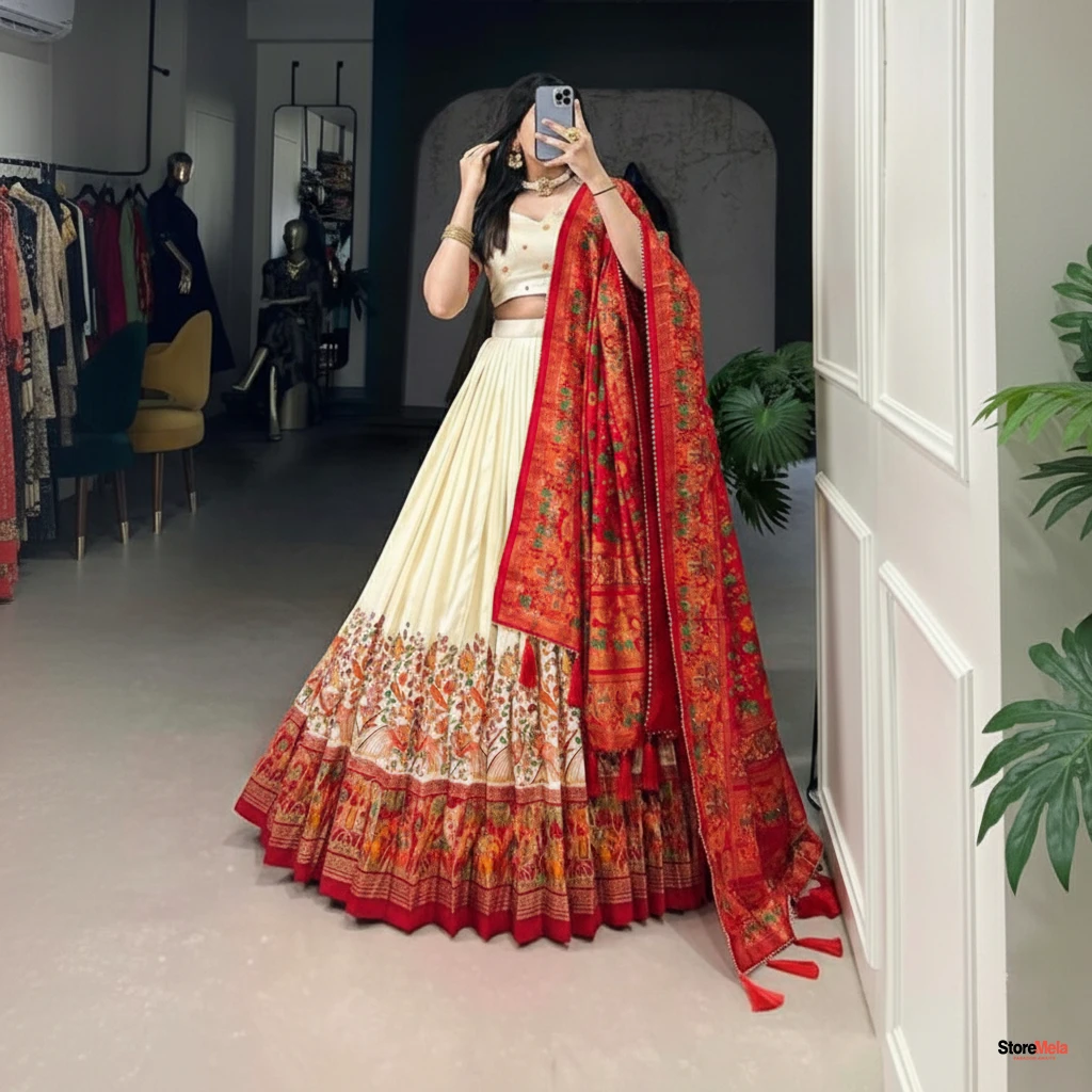 Women’s White Floral Patola Print Tussar Silk Lehenga Choli with Dupatta – Foil Work Semi-Stitched Ethnic Set