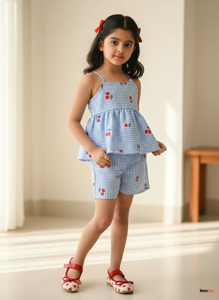 Baby Girl Cotton Top & Shorts Set – Sleeveless Cherry Print Summer Outfit for Infants & Kids (0–7 Years)