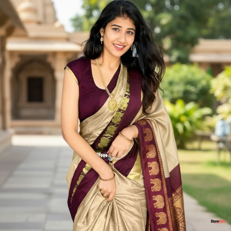 Hathi Design Cotton Silk Saree – Rajwadi Elephant Zari Border Traditional Saree with Running Blouse