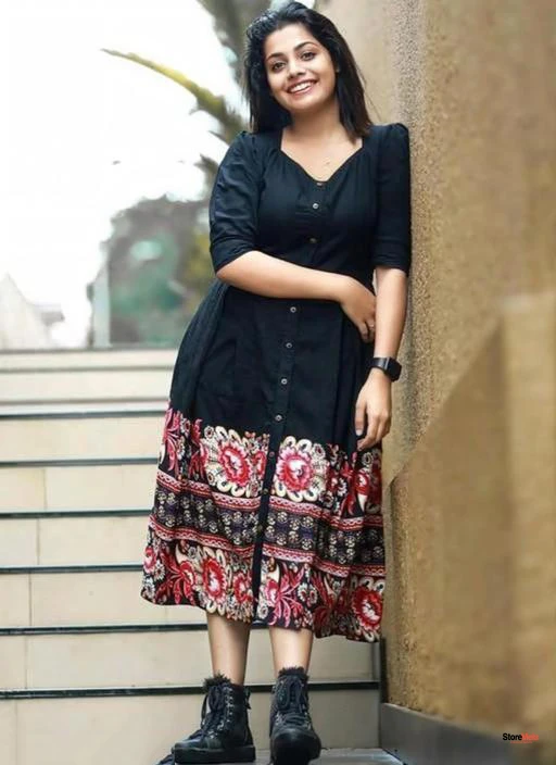 Storemela Trendy Black Border Western Dress - “ Knee-Length Printed Party Wear Gown for Girls & Women