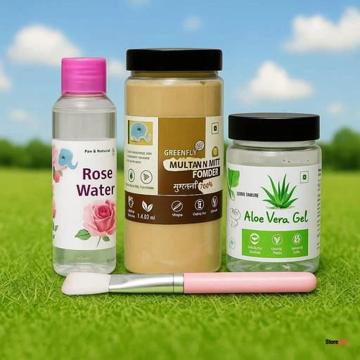 Natural Skincare Combo – Multani Mitti Powder (250g), Rose Water (120ml), Aloe Vera Gel & Face Mask Brush (Pack of 4)