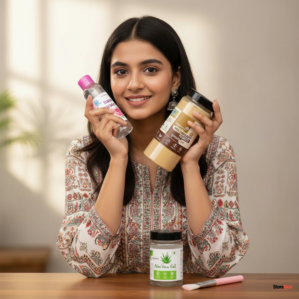 Natural Skincare Combo – Multani Mitti Powder (250g), Rose Water (120ml), Aloe Vera Gel & Face Mask Brush (Pack of 4)